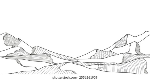 Elegant Mountain Line Art Background. Scenic black and white landscape design for fabric, prints, and wall art. Simple line drawing of one line mountain. 