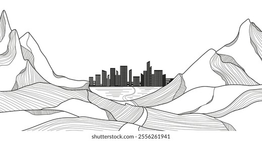 Elegant Mountain Line Art Background with City Silhouette. Scenic black and white landscape design for fabric, prints, and wall art. Simple line drawing of one line mountain.