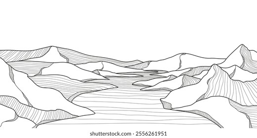 Elegant Mountain and River Line Art Background. Scenic black and white landscape design for fabric, prints, and wall art. Simple line drawing of one line mountain