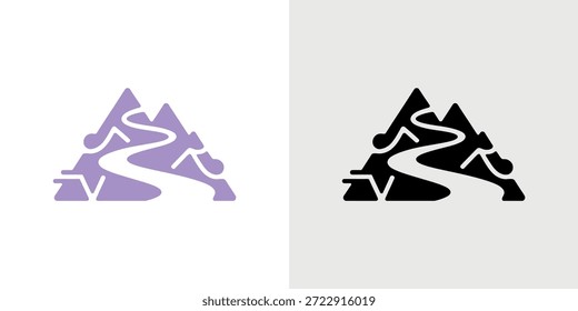 Elegantes Gebirgs- und Flusslogo in kontrastierenden violetten und schwarzen Farbschemata.