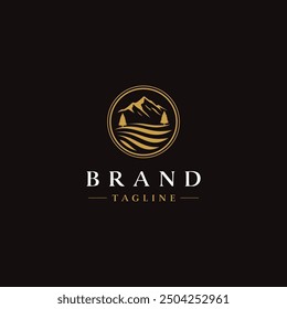 Elegant Mountains and Grasslands Logo Design. Mountains and Farming Fields in Minimalist Circle Logo Design.