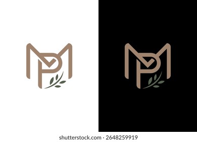 Logotipo MP ou PM elegante com ramo de oliveira 