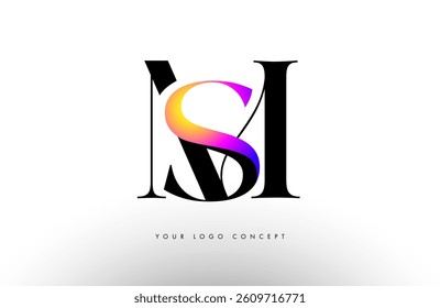 Elegant MS logo concept icon design with creative serif font and purple blue neon colors.