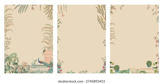 Elegant mughal arch garden vector digital backgrounds, and luxury wedding invitation, wallpaper, textile, fabric backdrop peacock palace illustration.