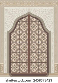 Elegant Mughal themed palace door illustration with intricate motifs