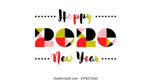 Elegant multicolored numbers 2020 with abstract vintage decoration and Happy New Year greetings isolated on white background. Wonderful vector illustration for greeting card or holiday calendar