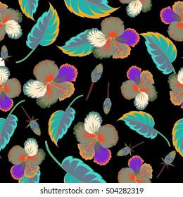 Elegant multicolored seamless pattern with abstract flowers, leaves and buds. Vector floral pattern on black background for wedding invitations, scrapbooking, print, manufacturing fabric and textile.