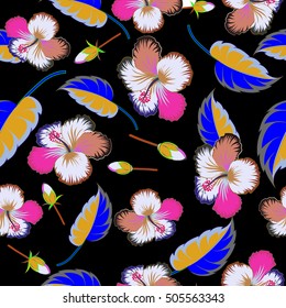 Elegant multicolored seamless pattern with abstract flowers, leaves and buds. Vector floral pattern on black background for wedding invitations, scrapbooking, print, manufacturing fabric and textile.