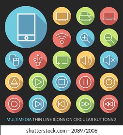 Elegant Multimedia Minimalistic Thin Line Icons on Circular Colored Buttons  on Black Background 2.
