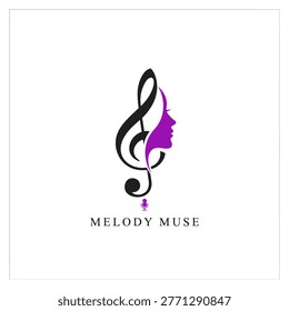 Elegant music logo combining a treble clef with a feminine profile in purple and black. Ideal for singers, vocal coaches, podcasts and music branding that evokes creativity and inspiration.