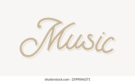 Elegant 'Music' text in cursive. Music theme with stylish script. Music text in beige, conveying a musical vibe. Music word in artistic font. Creative typography design vector.