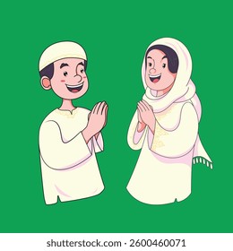 Elegant Muslim man and woman in white attire greeting each other with a handshake, symbolizing forgiveness.