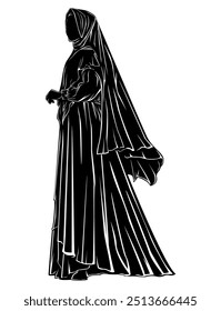 Elegant Muslim Woman in Flowing Hijab, Black and White Silhouette Vector Illustration. Editable and Scalable EPS File, Perfect for Graphic Design, Print, Engraving, cutting, etc