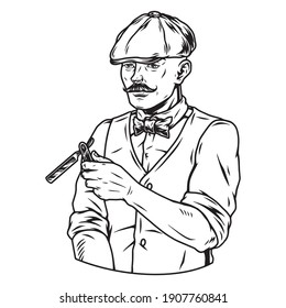 Elegant mustached barber in irish cap with straight razor in vintage monochrome style isolated vector illustration