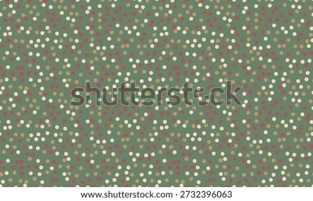 Elegant muted green background adorned with a scattered pattern of small, offwhite, beige, and red dots.