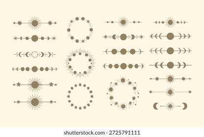 Elegante coleção mística com divisores de ciclo da lua, coroas de sol e bordas estreladas.