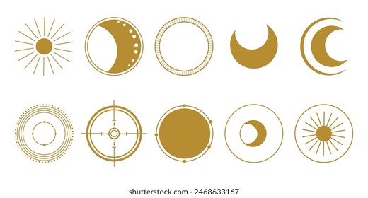  Conjunto de iconos místicos elegantes: un conjunto diverso de iconos cósmicos dorados con motivos de sol, luna y estrella, adecuado para su uso en proyectos esotéricos, místicos o de astrología.