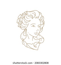 Elegant mythology Greek goddess woman bust lineart vector illustration. Medieval monument beautiful female with blossom in hair isolated on white. Monochrome simple icon fashion logo