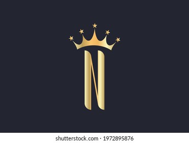 Elegant N logo with crown. Letter N logo design, Gold, beauty, fashion, cosmetics business, spa,  salons, and yoga vector luxury  concept. 