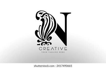 Elegant N Luxury Logo. Black Floral Alphabet Logo with Flowers Leaves. Perfect for Fashion, Jewelry, Beauty Salon, Cosmetics, Spa, Hotel and Restaurant Logo.