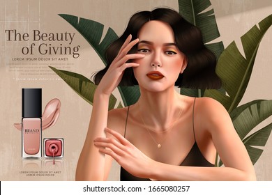 Elegant nail lacquer ads with brunette woman who wears spaghetti strap dress in 3d illustration