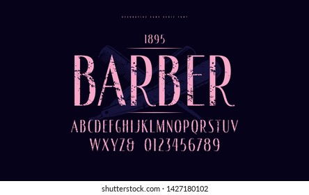 Elegant narrow sans serif font. Letters and numbers with vintage texture for logo and label design. Color print on black background