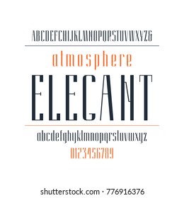 Elegant narrow sans serif font. Letters and numbers for logo and label design. Print on white background