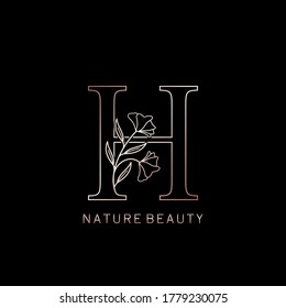 Elegant Natural Beauty Flower Outline Initial Letter H logo icon in vector ornate Flower leaf clipart template design rose gold color.