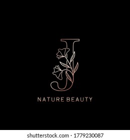 Elegant Natural Beauty Flower Outline Initial Letter J logo icon in vector ornate Flower leaf clipart template design rose gold color.