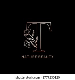 Elegant Natural Beauty Flower Outline Initial Letter T logo icon in vector ornate Flower leaf clipart template design rose gold color.