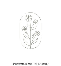 Elegant natural chamomile bouquet with stem, petal and leaves at ellipse hand drawn frame icon vector illustration. Romantic nature plant wedding card birthday Mothers day invitation isolated on white