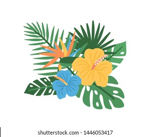 Elegant natural composition with blooming tropical flowers and exotic palm tree leaves isolated on white background, Floral decorative design element. Flat cartoon colorful vector illustration.