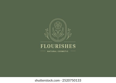 Flor natural elegante con la línea de las bayas Plantilla del diseño del logotipo del arte para la Ilustración vectorial del salón del balneario de la belleza. Hermoso logotipo lineal floral orgánico de la flor para la marca cosmética del cuidado del cabello de la piel del bienestar