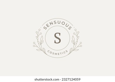 Elegant natural flowers leaves with berries minimal line logo design template vector illustration. Romantic ecology floral circle frame emblem for organic cosmetic brand spa beauty salon cosmetology