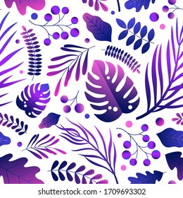 Elegant natural gradient bright purple leaves seamless pattern. Colored design lush exotic plant brunch vector flat illustration. Tropical stylish wallpaper print on white background