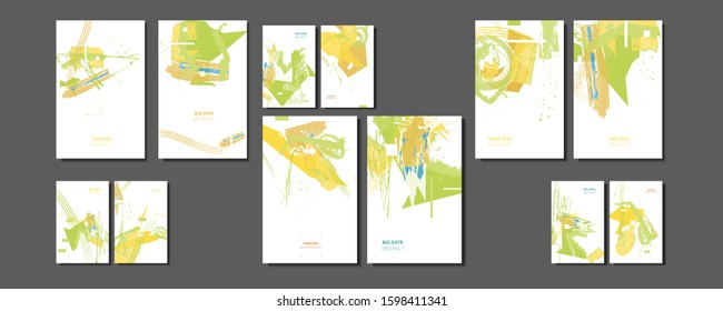 Elegant natural pastel muted pale calm tones card templates set. Collection of romantic invitations with gold abstraction background line color