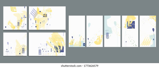 Elegant natural pastel muted pale calm tones card templates set. Collection of romantic invitations with gold abstraction background line color