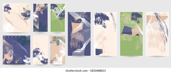 Elegant natural pastel muted pale calm tones card templates set. Collection of romantic invitations with gold abstraction background line color