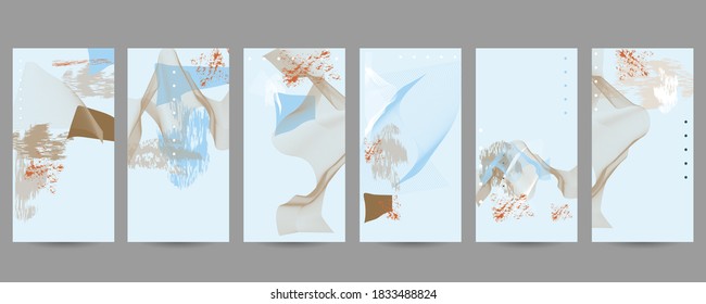 Elegant natural pastel muted pale calm tones card templates set. Collection of romantic invitations with gold abstraction background line color