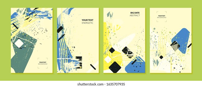 Elegant natural pastel muted set of art greeting cards with tassels and chalks. Futuristic design poster