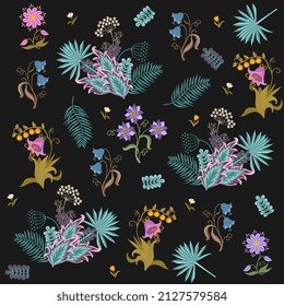 Elegant natural pattern with decorative leaves, fabulous flowers, berries isolated on a black background. Seamless floral print for fabric in vector.