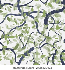 Elegant natural seamless pattern. Tree branches and green leaves. Vector illustration for fabrics, packaging, design of your projects.