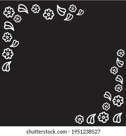 Elegant Nature Border: Elevate your designs with this hand-drawn vector. Featuring flower and leaf icons in a white outline on a black background, it creates an elegant nature border for various frame