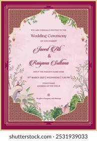 Un diseño de tarjeta de invitación de Mughal elegante e inspirado en la naturaleza con patrones marrones y dorados, exuberante vegetación, arco y pavo real, anuncio de evento tradicional o ceremonial. Ilustración vectorial