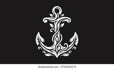 Elegant nautical anchor design featuring intricate leaf and vine details. Perfect for maritime branding, tattoos, and decorative graphic design projects.