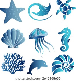 An elegant nautical illustration featuring nine sea-themed elements in calming blue tones.