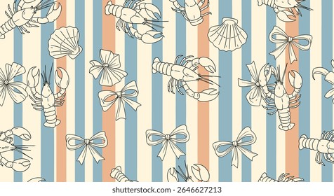 Elegante padrão de ilustração náutica com conchas de lagosta e arcos Vertical listras fundo