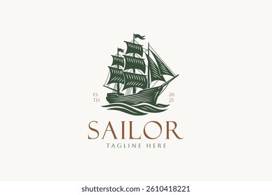 Elegant Nautical Logo Featuring a Sailboat and Ocean Illustration for Maritime Branding