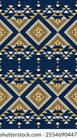 Elegant Navajo geometric pattern in navy gold and white featuring diamond shapes Navajo design with traditional motifs Navajo style perfect for for fabric textile wallpaper artwork digital print