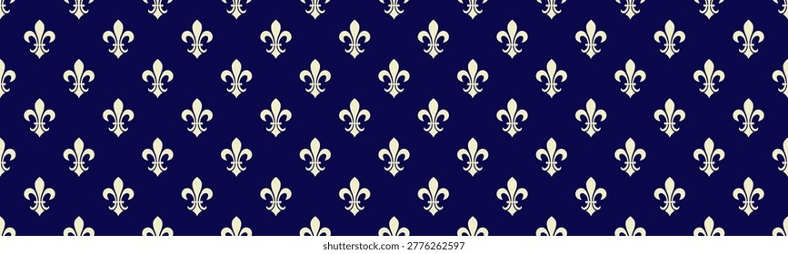 Elegant navy blue background adorned with a repeating pattern of silver fleurdelis.